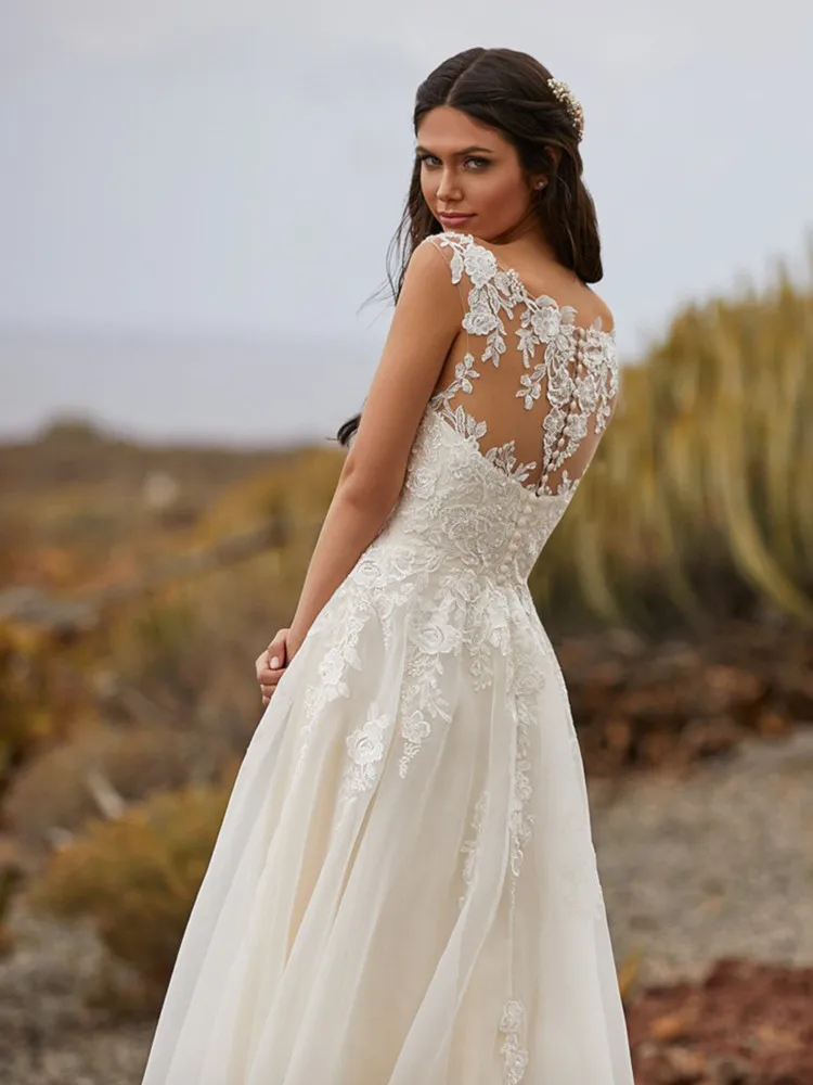 tea length wedding dress Bohemian Simple A Line Wedding Dresses 2021 V Neck Sleeveless Lace Applique Sweep Train For Women Weeding Gowns Sashes Custom second hand wedding dresses