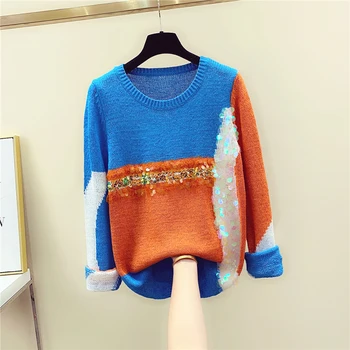 

Autumn/Winter Pullover Woman Fashion Hit Color Striped Sweater Women's Loose-necked Sequin Sweaters Students Knitting Top Mujer