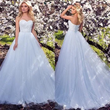 

Sky Blue Strapless Beach Wedding Dresses 2021 A Line Sleeveless Vestidos De Novia Appliques Boho Bridal Gown Lace Up Sweep Train