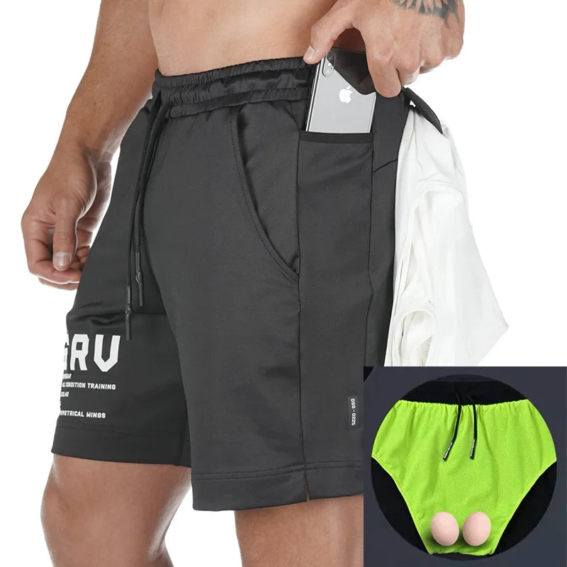 

Summer Men's Belt Lining Shorts Muscle Fitness Brothers Sports Shorts Mesh Double Layer Mock Two-Piece Beach Fashion