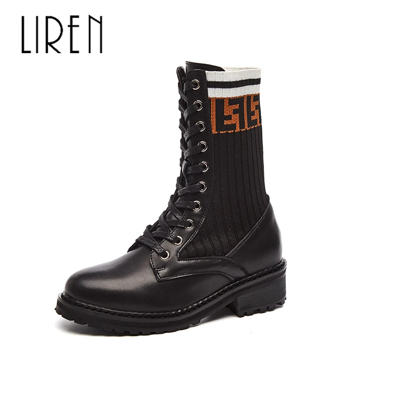 

Liren 2019 Winter Women Fashion Flock Ankle Boots Lace-up Keep Warm Sewing Round Toe Low Square Heels Comfortable Lady Boots