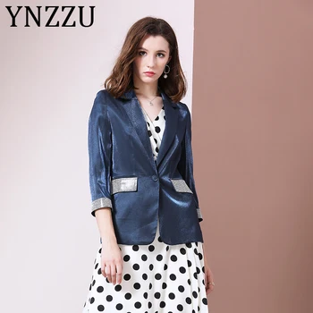 

YNZZU Elegant Office lady Blazer Coat Women 2020 Spring Autumn Satin Blingbling Long Sleeve Fitness Female Jacket Outwears A1309