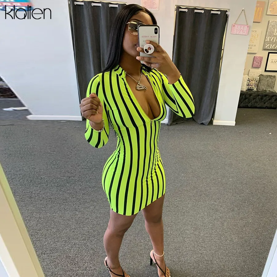 KLALIEN spring fall long sleeve turtleneck zipper fashion casual dress women high street striped mini bodycon dress 2020 new KLALIEN spring fall long sleeve turtleneck zipper fashion casual dress women high street striped mini bodycon dress 2020 new