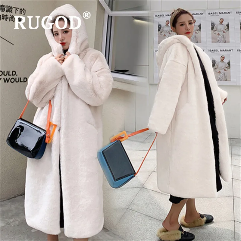 RUGOD, корейский стиль, женские куртки с капюшоном, воротник, длинная, кроличий мех, пальто для женщин,, женские куртки
