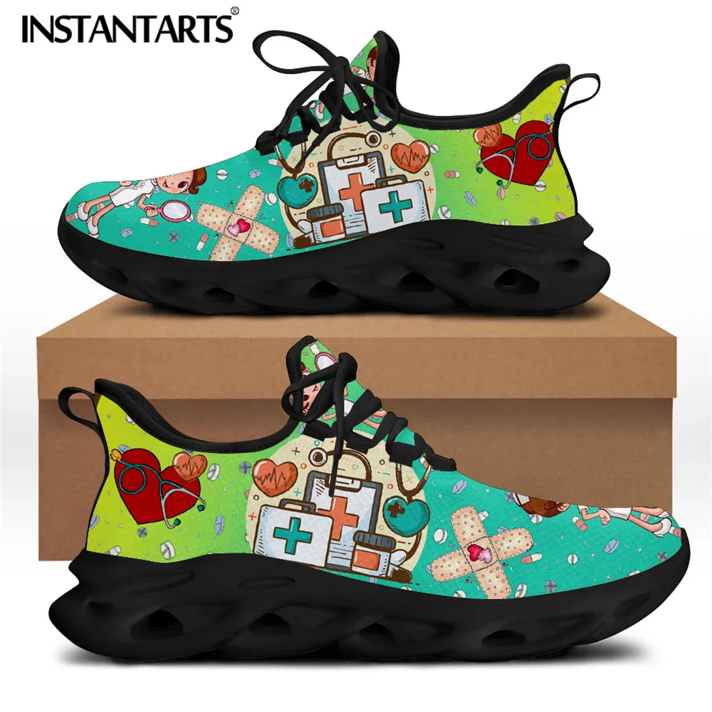 INSTANTARTS Brand Design Women Sneakers White Nursing Shoes Cute Cartoon Nurse Doctor Medical Print Light Lace-up Flats Footwear 