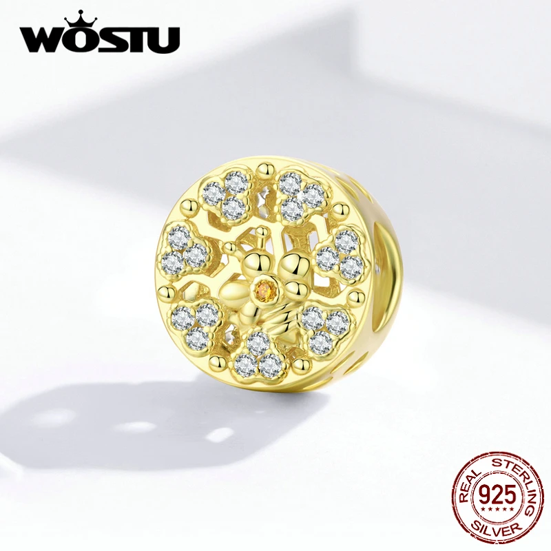 WOSTU реальные 925 пробы Серебряные; золотые пчелиные соты бусины циркониевые амулеты, подходят к оригинальному браслету кулон Цепочки и ожерелья ювелирных изделий CQC1408