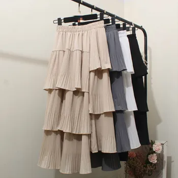 

2020 New Summer Skirts Women Chiffon Solid Long Skrits Casual Female Elastic Pleated High Waist Ruffles Skirts Women Streetwear