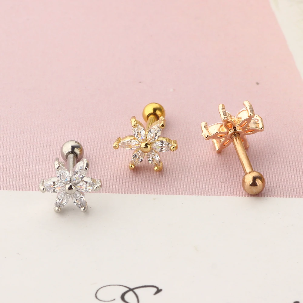 Flower Zircon Ear Piercing Tragus Daith Ear Jewelry Body Piercing Barbell Screw Wholesales Cartilage Earrings Stud Zircon