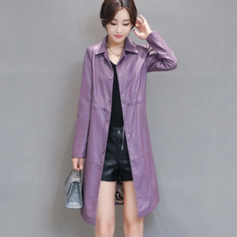 Elegant Womens Medium Length Faux Leather Trench Coats Single Breasted Adjustable Waist Slim Fit Pluse Size Female Jackets