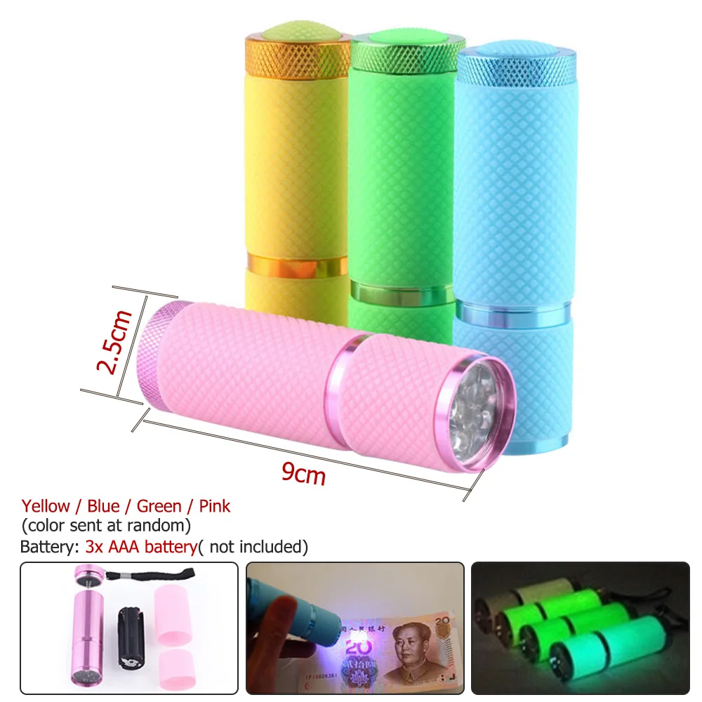 

1Pc 395nm UV 9 LED Flashlight Portable Nail Gel Curing Backlight Torch Ultra Violet Currency Detector Light lantern UV Flashligh