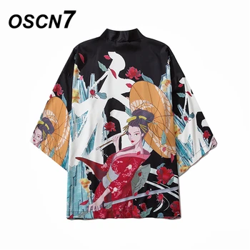 

OSCN7 Printed Kimono Cardigan Shirt Men 2020 Japanese Streetwear Three Quarter Sleeve Coat Shirts Harujuku Mens Shirt 6060
