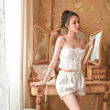 

Womens Victoria French Palace Sexy Lingerie Pajamas Set Button Up Drawstring Crop Top Camisole Ruffled Lace Bloomers Sleepwear
