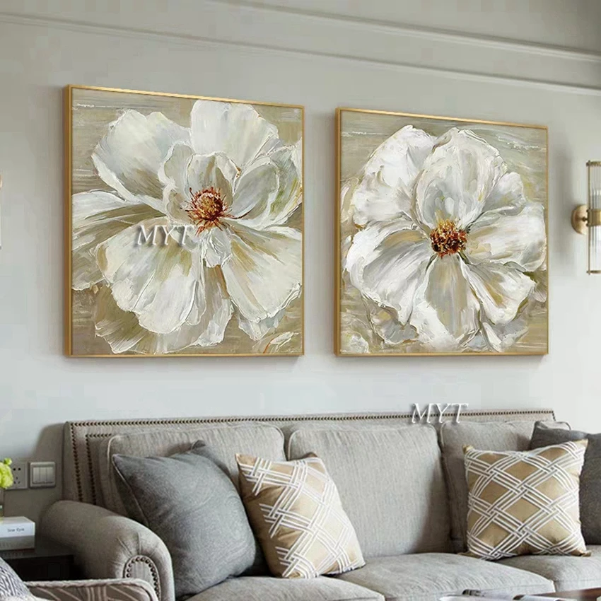 Latest 2 Panels White Flower Art Handpainted 2 Pieces Oil Painting Canvas Wall Art Large Flower Canvas Wall Decor Free Shipping Painting Calligraphy Aliexpress