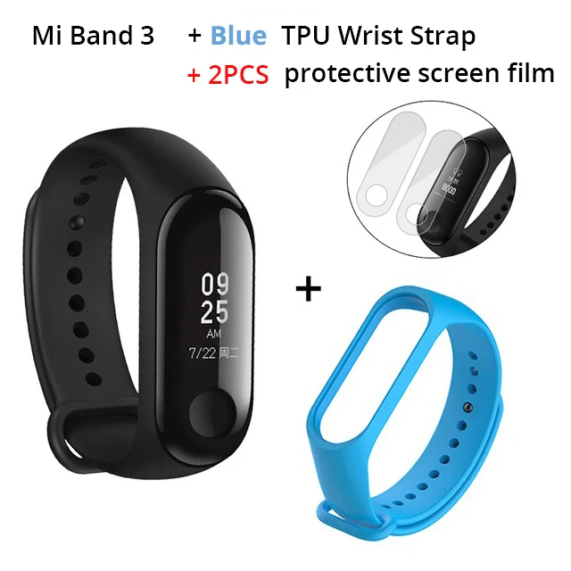 Глобальная версия Xiaomi mi Band 3 Smart Tracker Band 3 Xiao mi Band 3 Push Message сердечного ритма трекер русский английский испанский меню - Цвет: Add Blue Strap