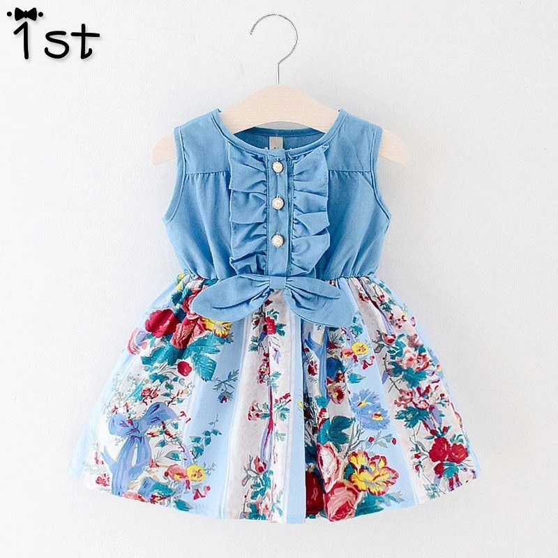 1ST INS/осенние платья для девочек джинсовое платье с длинными рукавами и цветочным принтом Модное детское платье с летящими рукавами и поясом