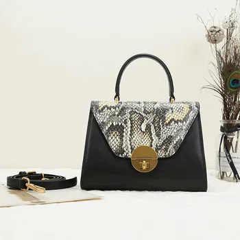 

Serpentine Pattern Authentic Cow Skin Gold Hardware Female Purse Genuine Leather Women Handbag Long Belt Lady Cross Shoulder Bag