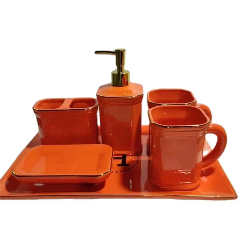 Bathroom Accessories Set Ceramic Liquid Soap Dispenser Toothbrush Rack Gargle Cup Luxury Wedding Gift Birthday Present Orange