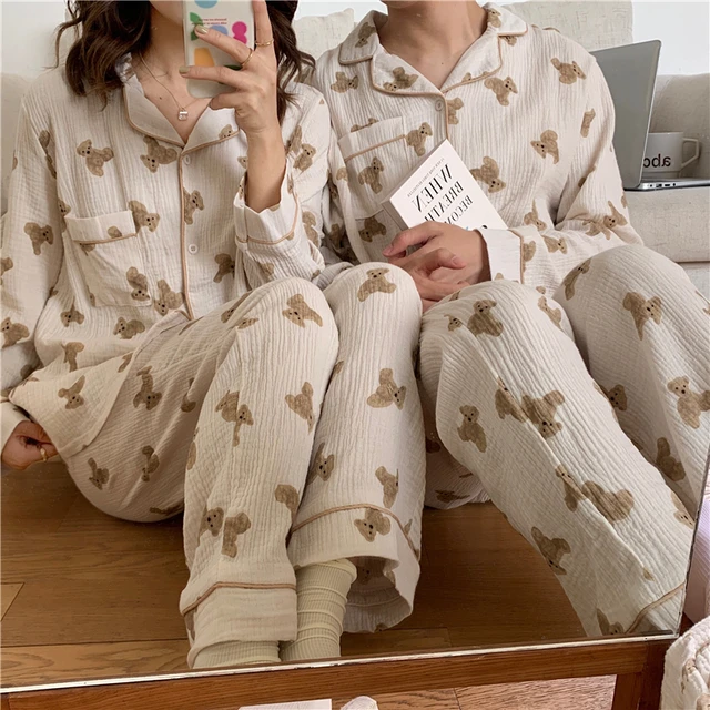 Conjunto de pijama de algodón para parejas, ropa de dormir de dos piezas,  informal, coreana, con