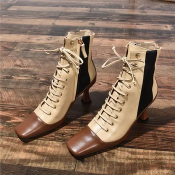 

Botas Mujer Women Shoes Square Toe Zapatos De Mujer Thin Heels Female Shoes Lace Up Ladies Boots Mixed Colors Boots Women