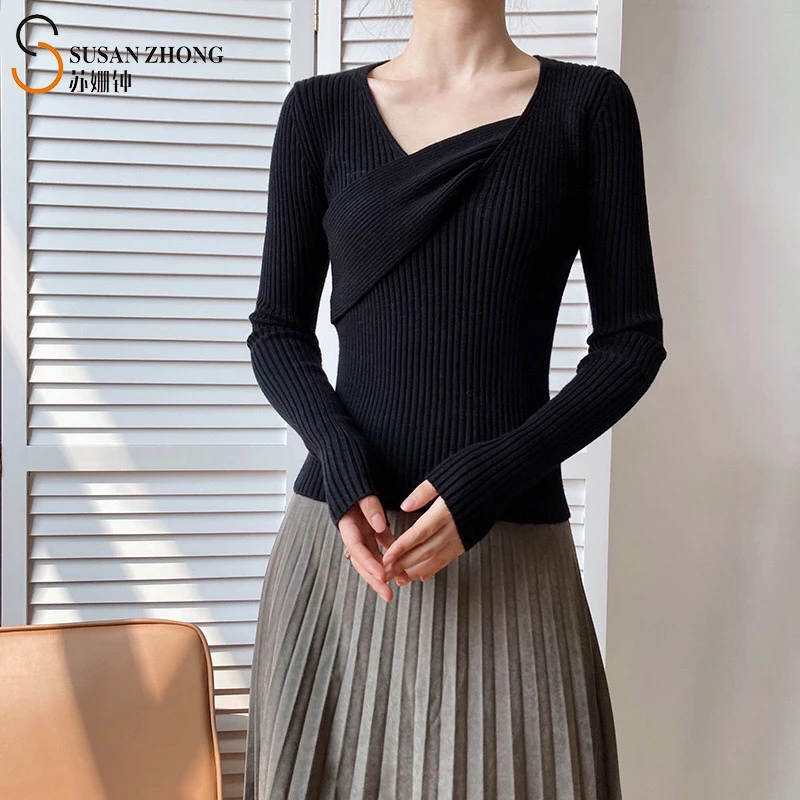 

Women Pullovers Female Sweater Ladies Knitwear Tops Autumn Winter Irregular Neck Criss-Cross Front Regular Long Sleeve Feninine