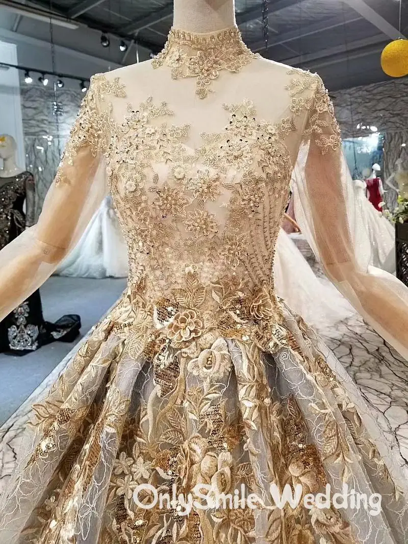 Vestidos De Novia золотые кружевные свадебные платья мусульманский, арабский Высокий ворот, прозрачное с длинным рукавом Плюс Размер Свадебные платья ислам суд поезд