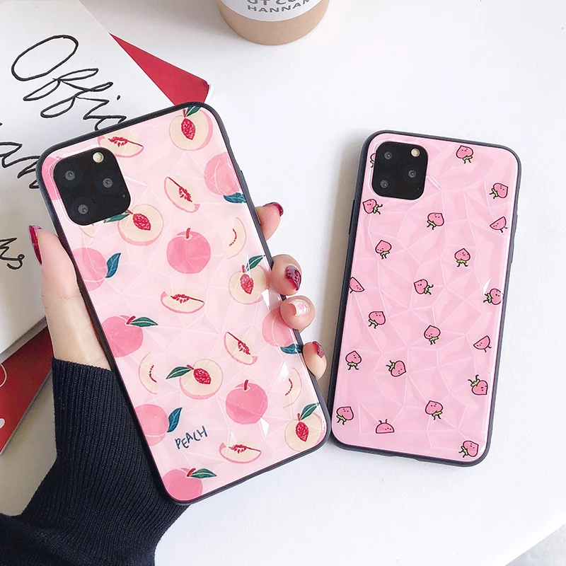 

3D Rhombus Texture Peach Patterned Cases for Iphone 11 Pro Max X Xr 7 8 6 6s Plus Xs Max Case TPU+PC Hard Phone Cover Coque Capa