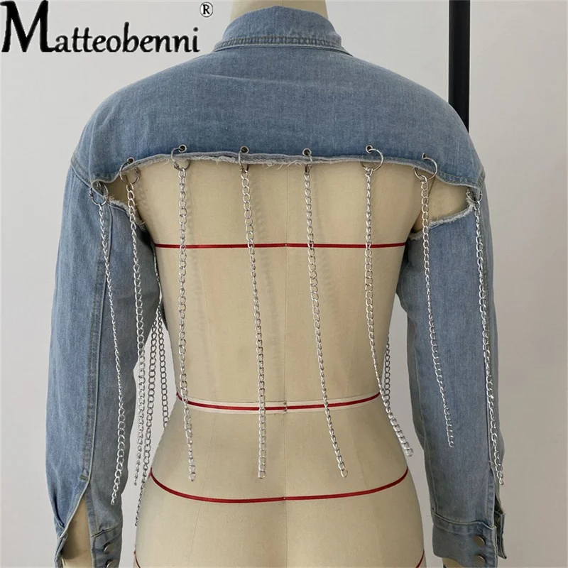 Unique Blue Open Back Chain Detail Ripped Short Lightweight Denim Jacket M  | eBay