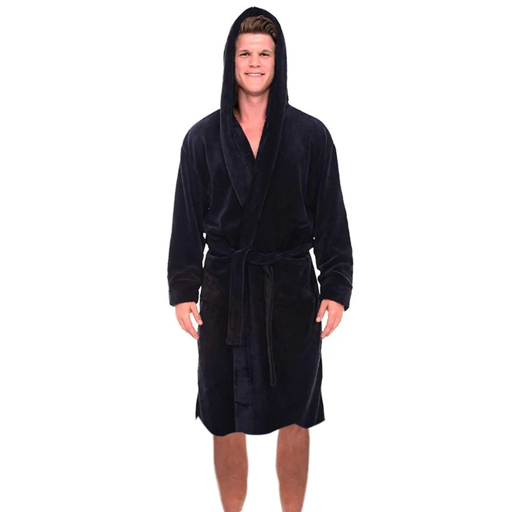 JAYCOSIN, Мужская одежда для сна, мужской повседневный модный халат, фланелевый, длинный рукав, с капюшоном, Мужская плюшевая шаль, кимоно, теплый мужской халат для дома - Цвет: Black