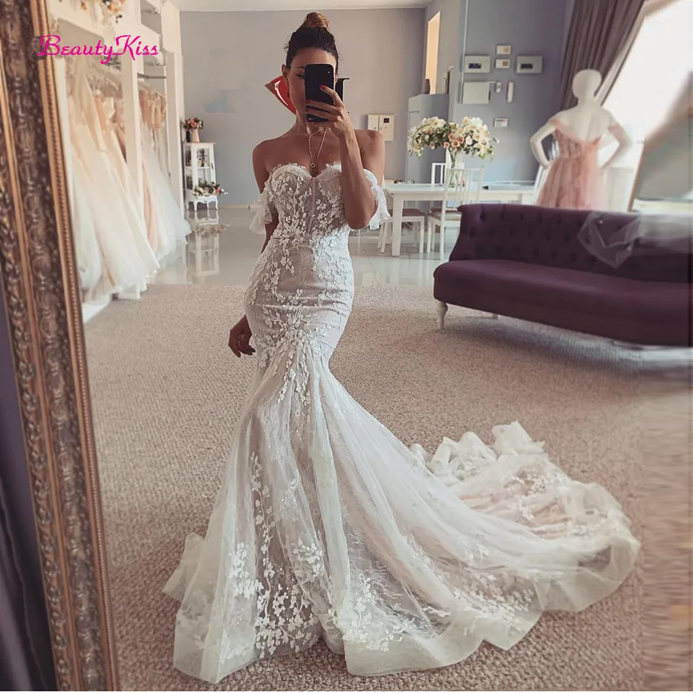 Mermaid Wedding Dress 2022 Off Shoulder Ivory Lace Tulle Applique Bride  Dresses Long Train Sweetheart Sexy Wedding Gowns