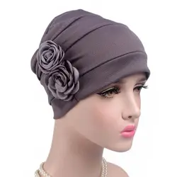 Для женщин шапочка для химиотерапии мягкий Повседневное Удобная однотонная рака шапка выпадения волос с цветочным рисунком, с рюшами в
