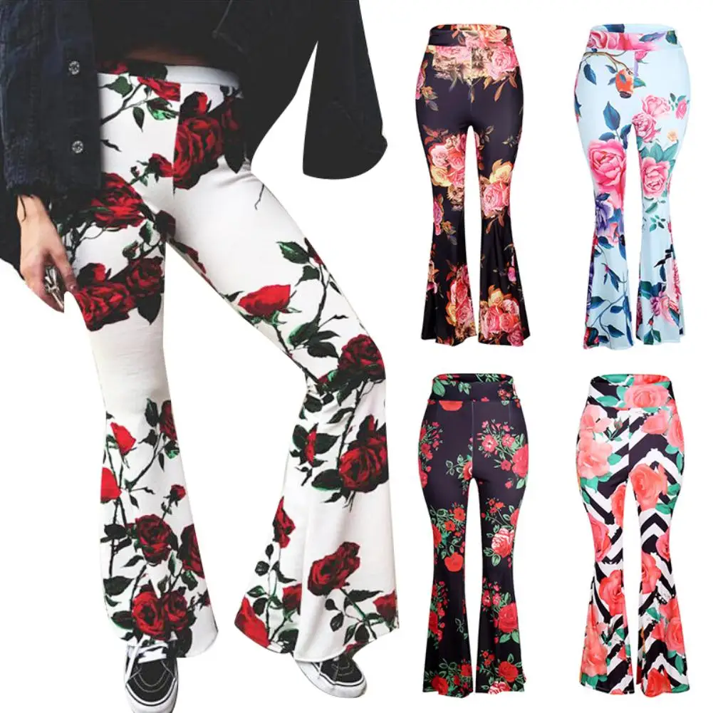 

New Fashion Women Flower Print High Waist Flare Pants Bell-bottoms Wide Leg Trousers