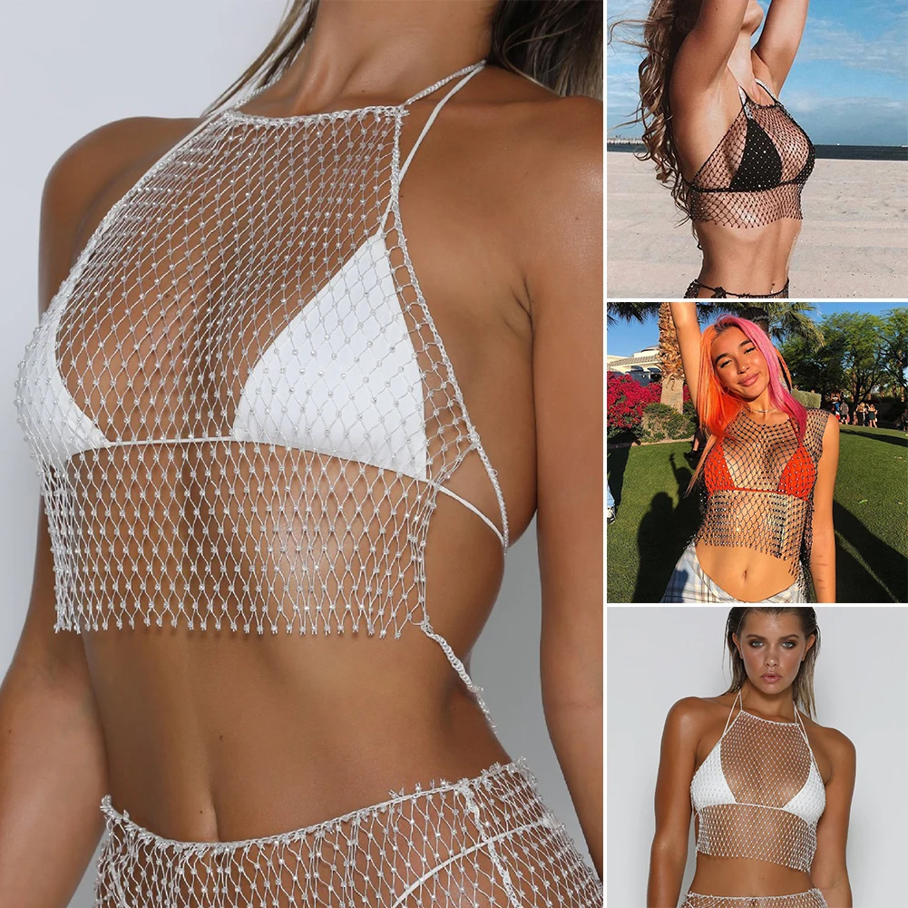 See Through Attractive Lightweight Vest Sleeveless Club Women Crop Top Fashion Sexy Party Mesh Round Neck Summer Rhinestone