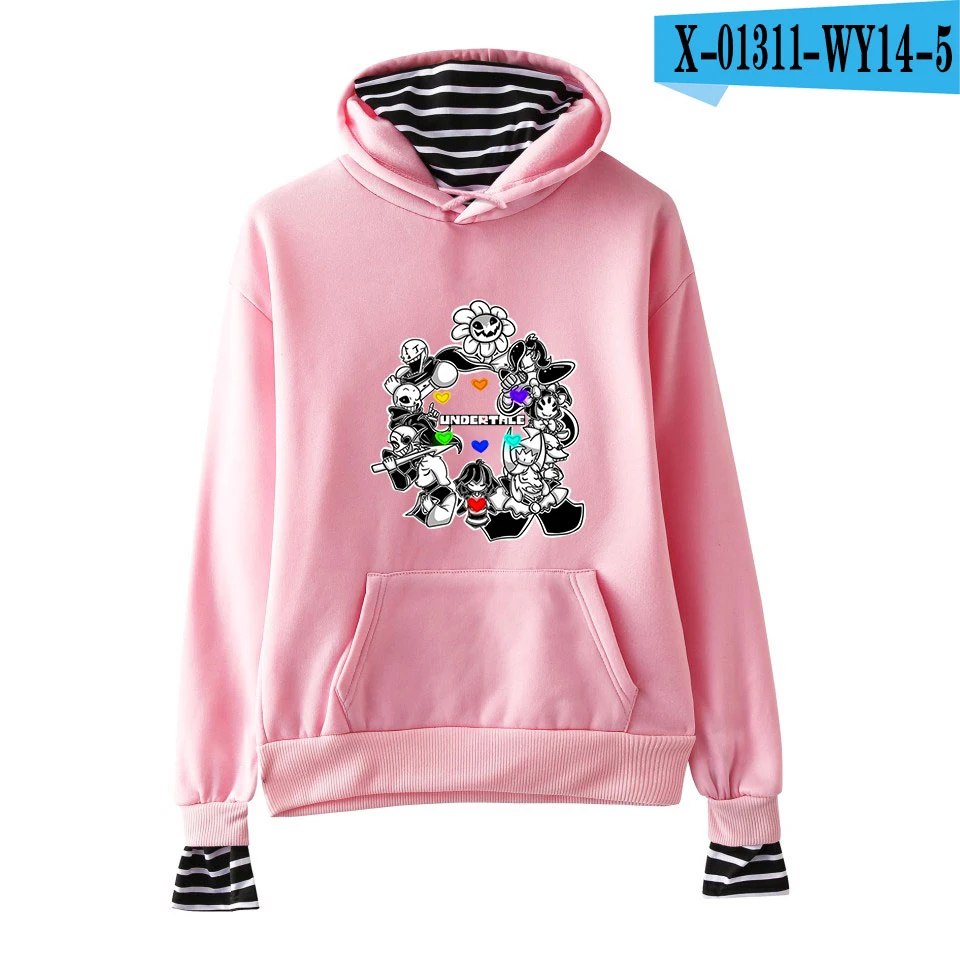 Pink Толстовки Undertale Sans, поддельные толстовки из двух частей, мужские толстовки с мультяшным принтом, Модные полосатые толстовки, свободные женские пуловеры Harajuku - Цвет: Pink