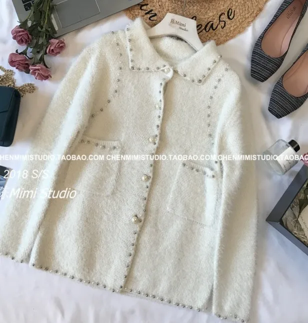 Осенний женский однотонный вязаный кардиган с длинными рукавами женский ретро норковый кашемировый свитер жемчужный бисер трикотаж