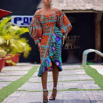 

African Dresses for Women Dashiki Print Shoulder Off Africa Dress Women African Clothes Bazin Riche Fashion Robe Africaine Femme