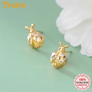 

TrustDavis Genuine 925 Sterling Silver Fashion Gold Insect Lady Beetle CZ Stud Earrings For Women Wedding Fine Jewelry DA466