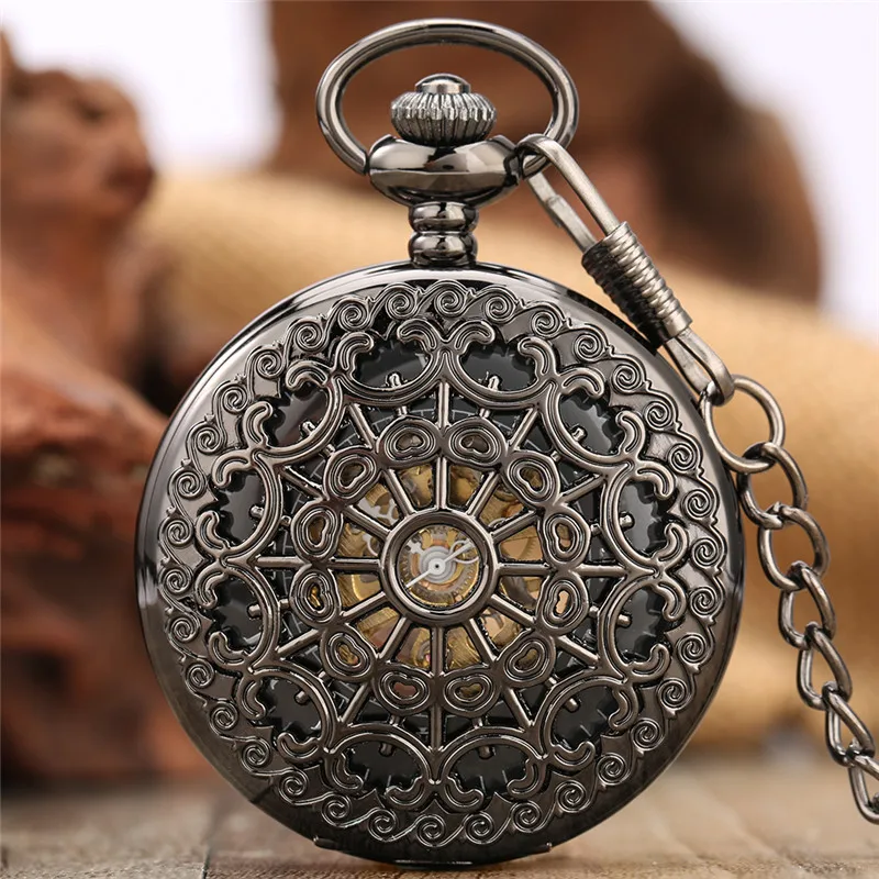 Antique Black Hollow Spider Web Hand Winding Mechanical Pocket Watch Luxury Roman Numerals Display FOB Chain Pendant Clock Gift