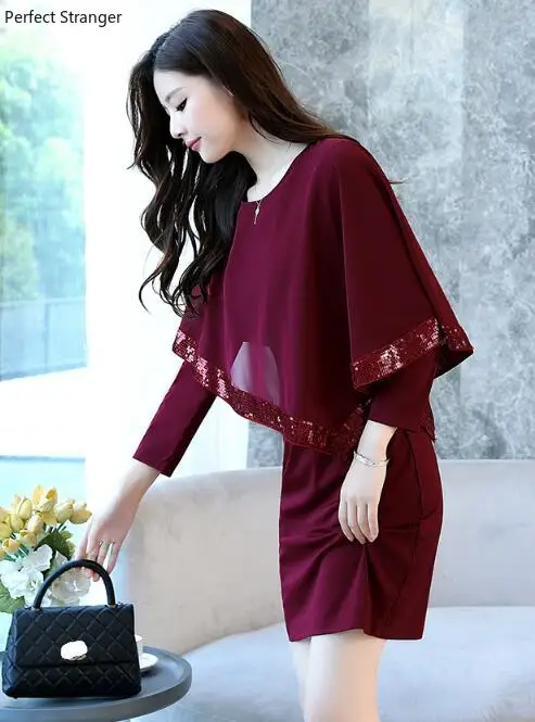 

Plus Size M-5XL Sexy Round Collar Solid Color Cape Style Woman Slim Dress 2019 Autumn New Arrival