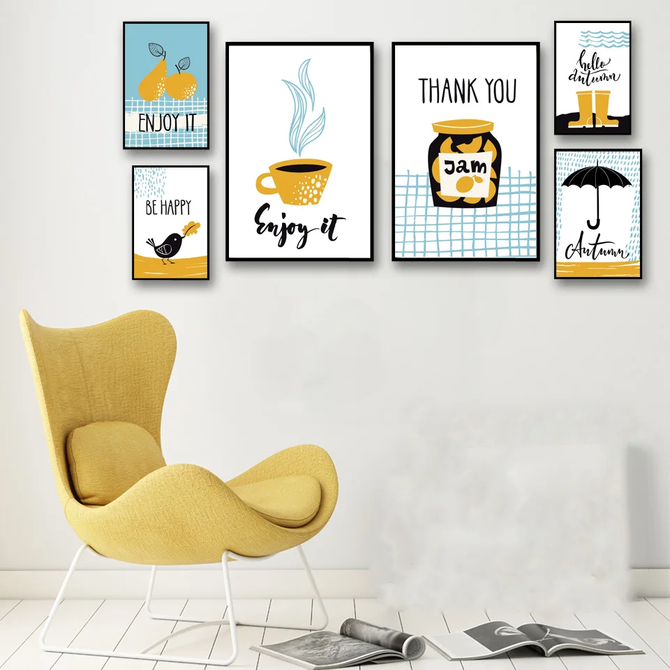 

Nordic Abstract Pear Coffee Bird Umbrella Posters and Prints Wall Pictures Modern Home Wall Decor Canvas Painting No Frame