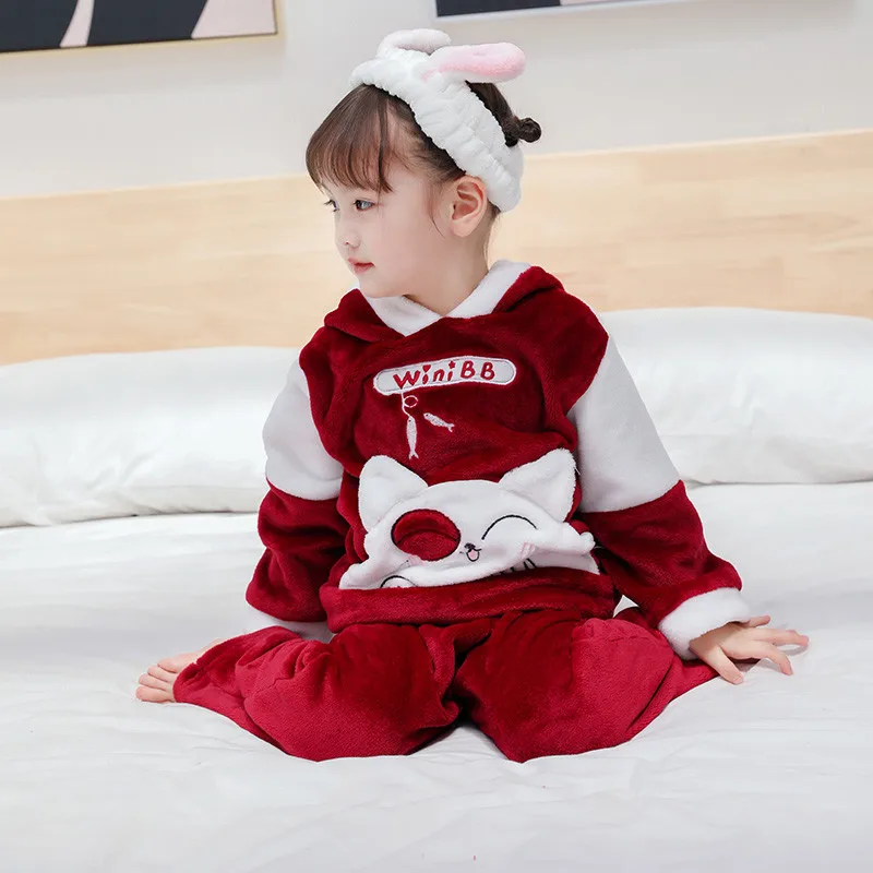 Winter Flannel Kids Pajamas Sets Warm Sleepwear Cartoon CAT Print Baby Girls Boys nightwear Children Girls 1 2 3 4 5 YEARS
