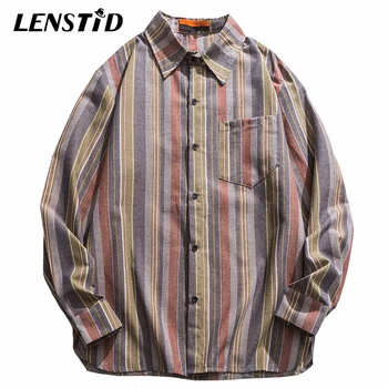 

LENSTID Hip Hop Stripe Oversize Shirt Men Harajuku Streetwear Vintage Loose Shirt 2020 Autumn New Long Sleeve 100% Cotton Shirts