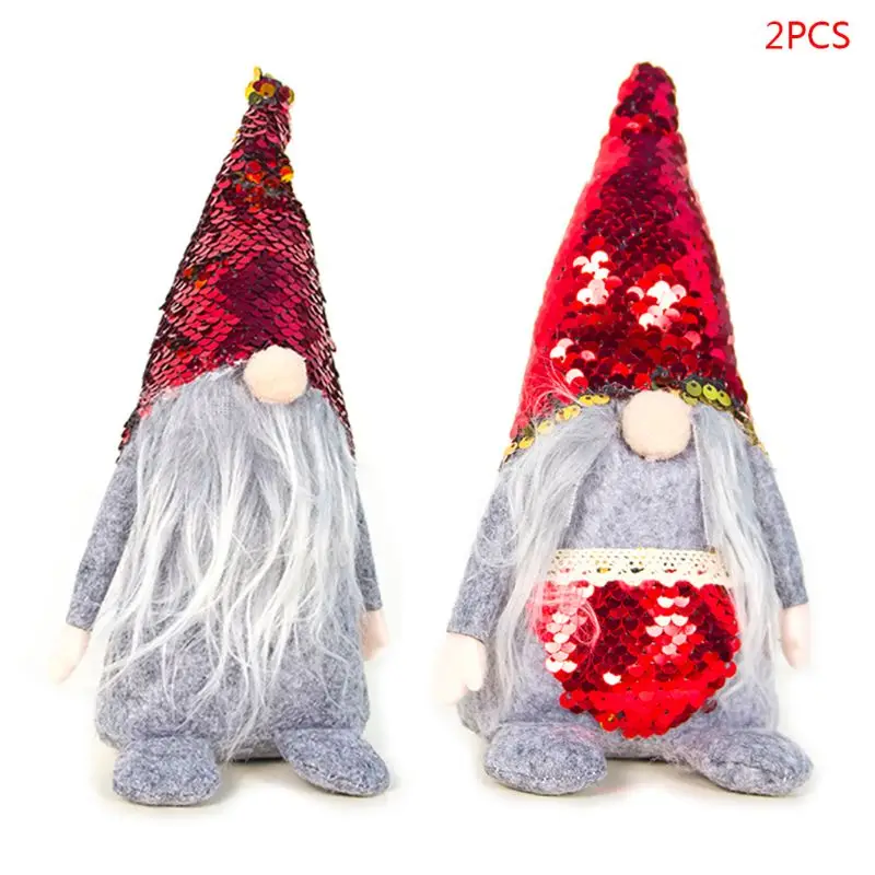 2pcs/set Sequin Christmas Swedish Santa Gnome Plush Doll Ornament Handmade Toy Holiday Home Party Decor - Цвет: Красный