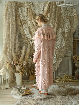 

Winter Women Autumn Vintage Ultra Loose Pink Long Sweaters Mori Girls Handmade Wool Ball Embroidery Oversized Coat Cardigans