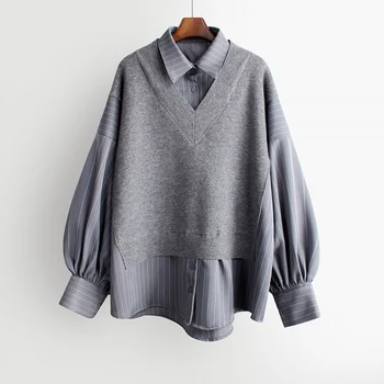 

Autumn Winter Korean Stripe Fake Two Piece Long Sleeve Shirt Women's Long Loose Knit Splicing Shirt Plus Size Tops Womens Shirts