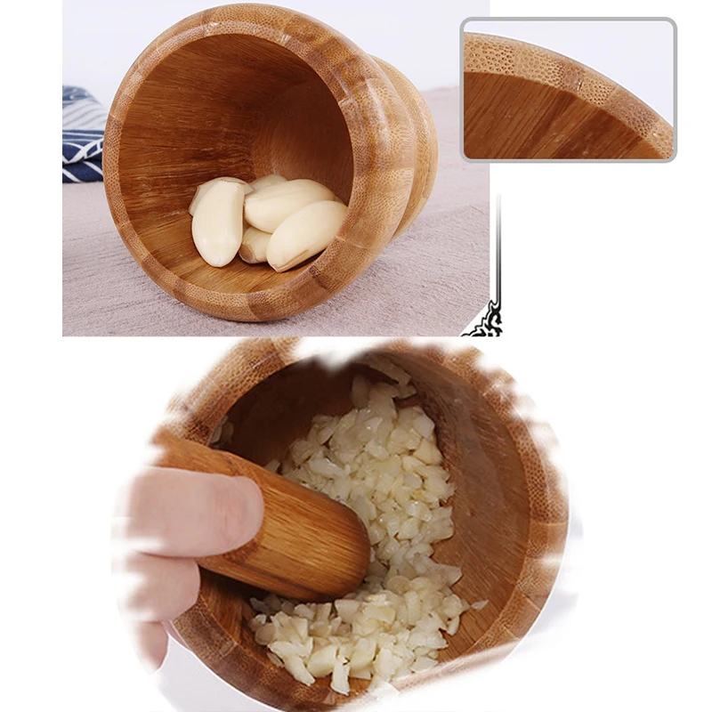 

Bamboo Pestle Mortar Handmade Pot Bowl Masher Grinder Wooden 9.5*9.5CM 1pc Home Kitchenware Garlic Grinder Kitchen Accessories