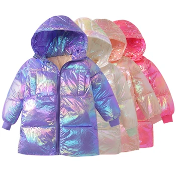 

Winter new children's cotton padded clothes medium and long colorful bright face down cotton padded jacket for boys and girls
