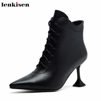 

Lenkisen genuine leather modern fashion French pointed toe stiletto high heels side zipper elegant lace up women ankle boots L17