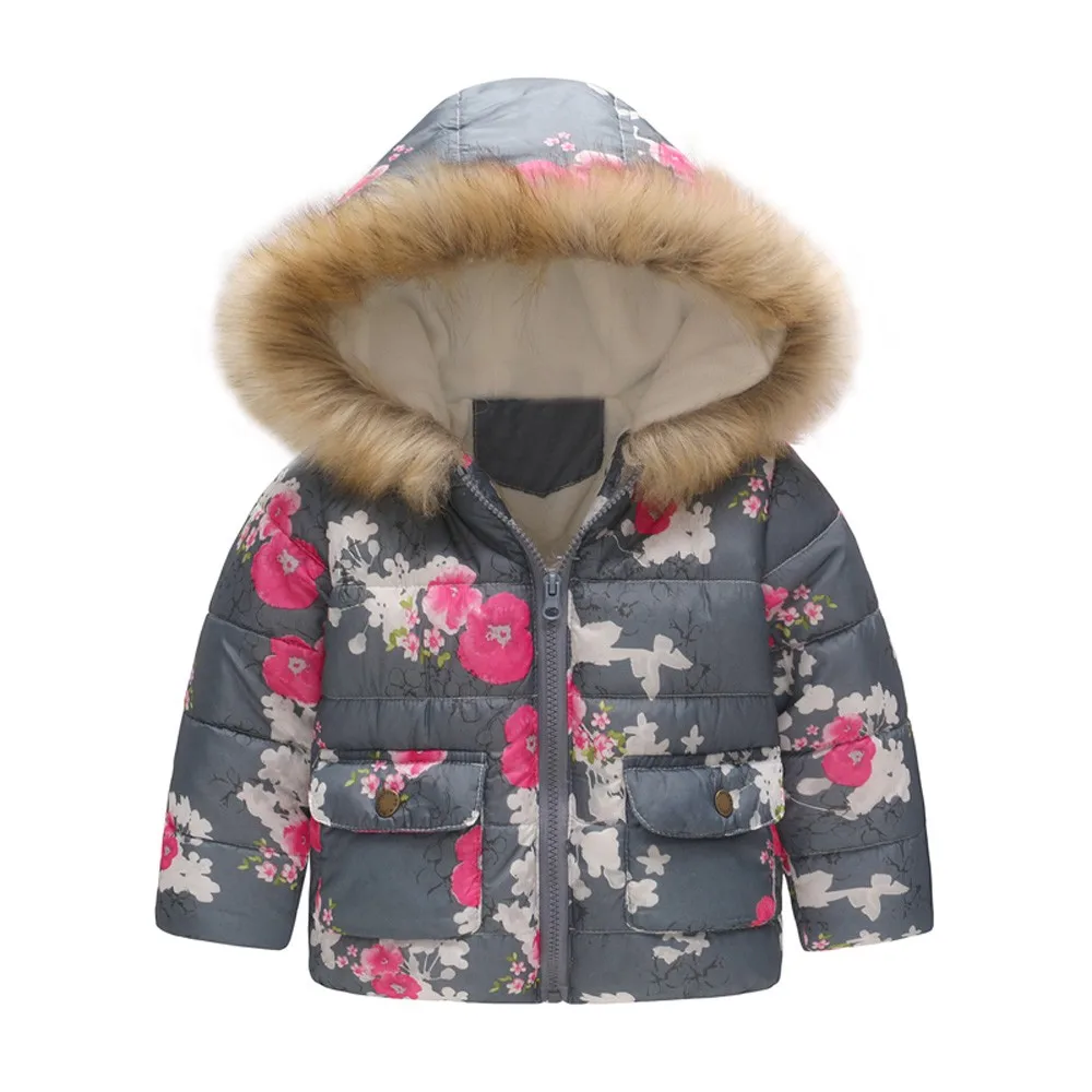 Warm Outerwear Toddler Baby Girls Lovely Pretty Floral Flower Winter Warm Jacket Hooded Windproof Coat куртка для девочки зима - Цвет: Gray