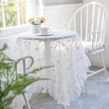 

White Lace Coffee Table Cover Cloth Embroidered Voile Ruffle Tablecloth French Pastoral Retro Tablecloth Dessert Table Decor