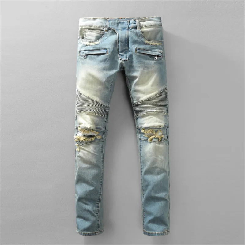 

2019 New arrived Men's Distressed Ribbed Destroyed Stretch Pants Washed Blue Denim Biker Jeans Slim Trousers Size 29-42